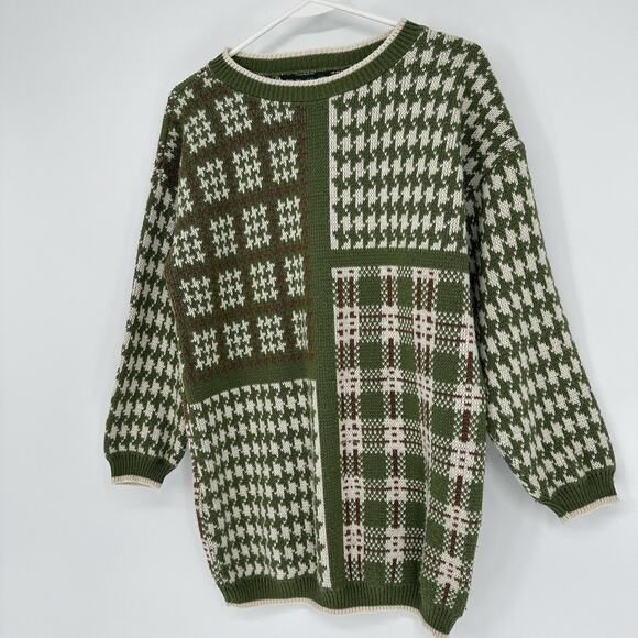 VINTAGE Dana Scott Sweater Womens Small Green Brown Patchwork Knit Made USA 90s - Picture 4 of 8